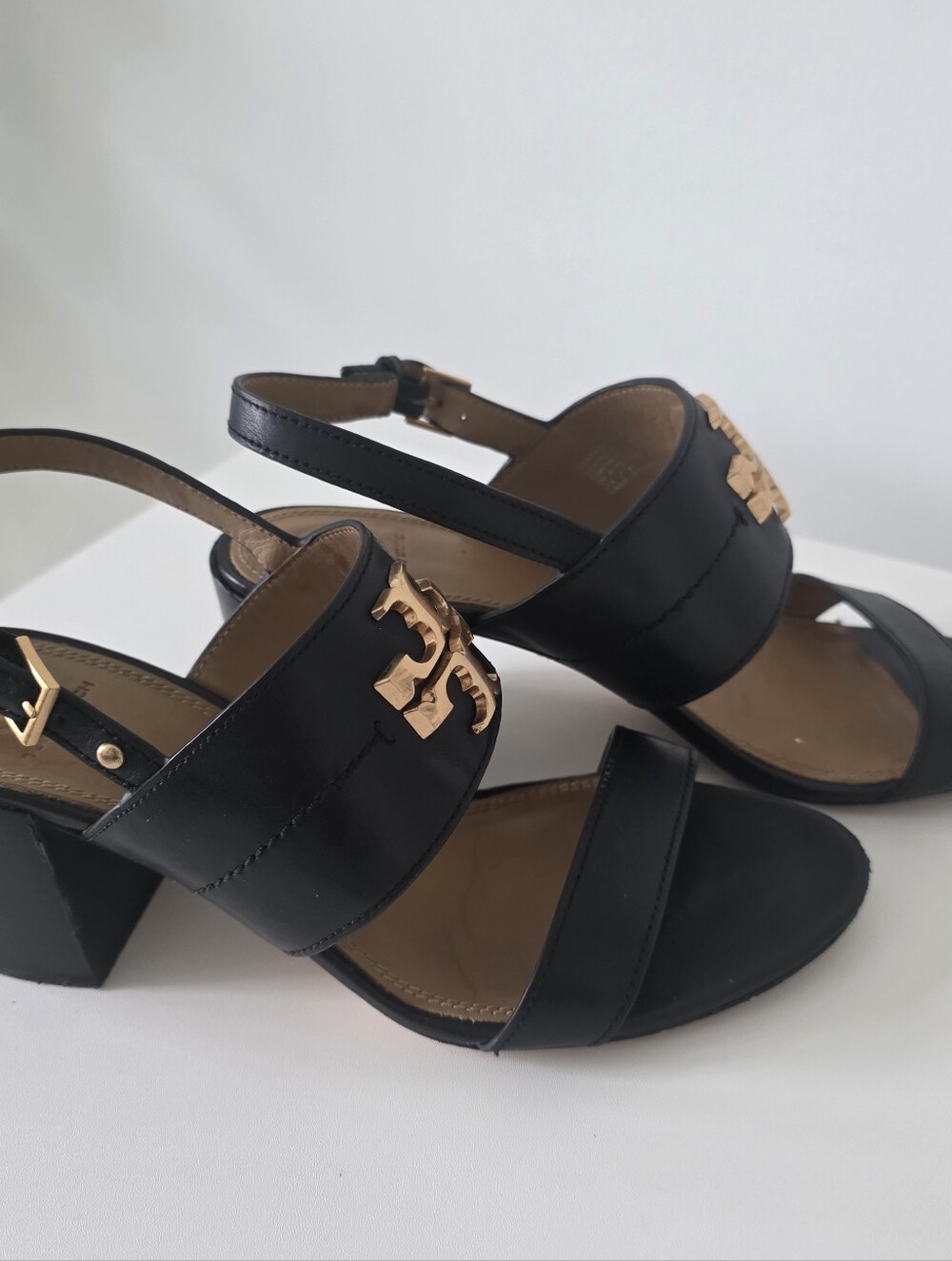 Tory Burch Black Leather Gold Logo Block Heel Sandals - Picture 5 of 9